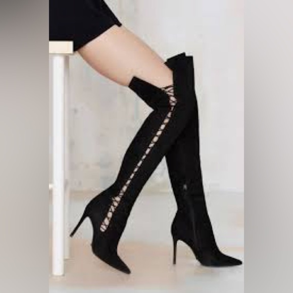 SCHUTZ Black Over the Knee Boots Lace-Up with Stiletto Heel